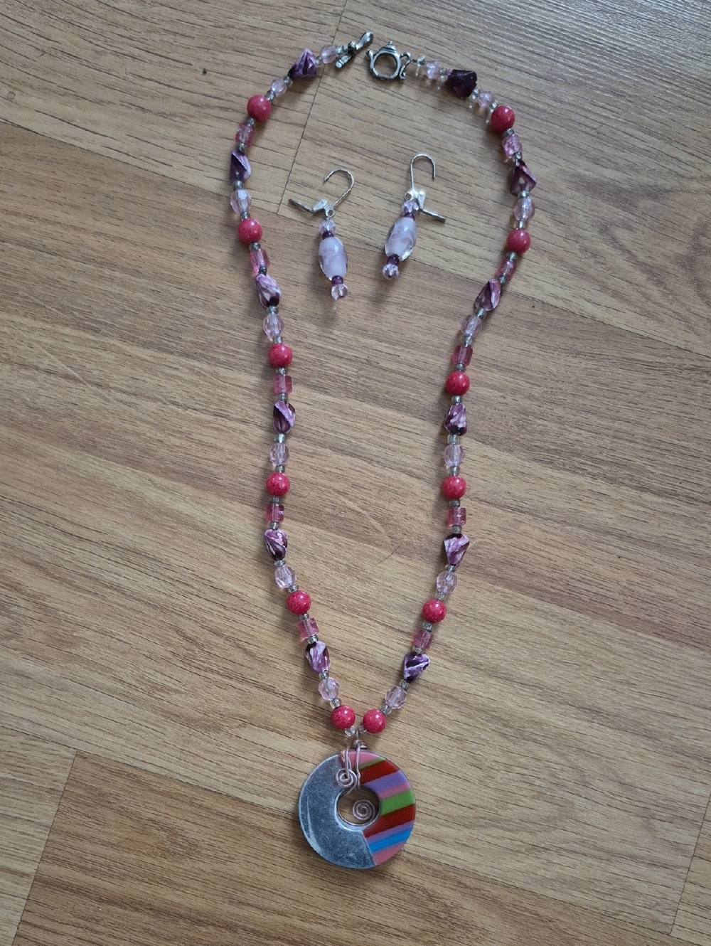 Handcrafted Pink & Multicolor Beaded Necklace with Matching Earrings